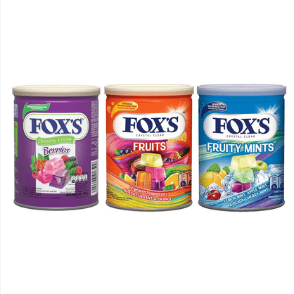 Fox's Crystal Clear Assorted Fruit Flavours 3 X 180g Berries,Fruit,Fruity Mints Tin Pack