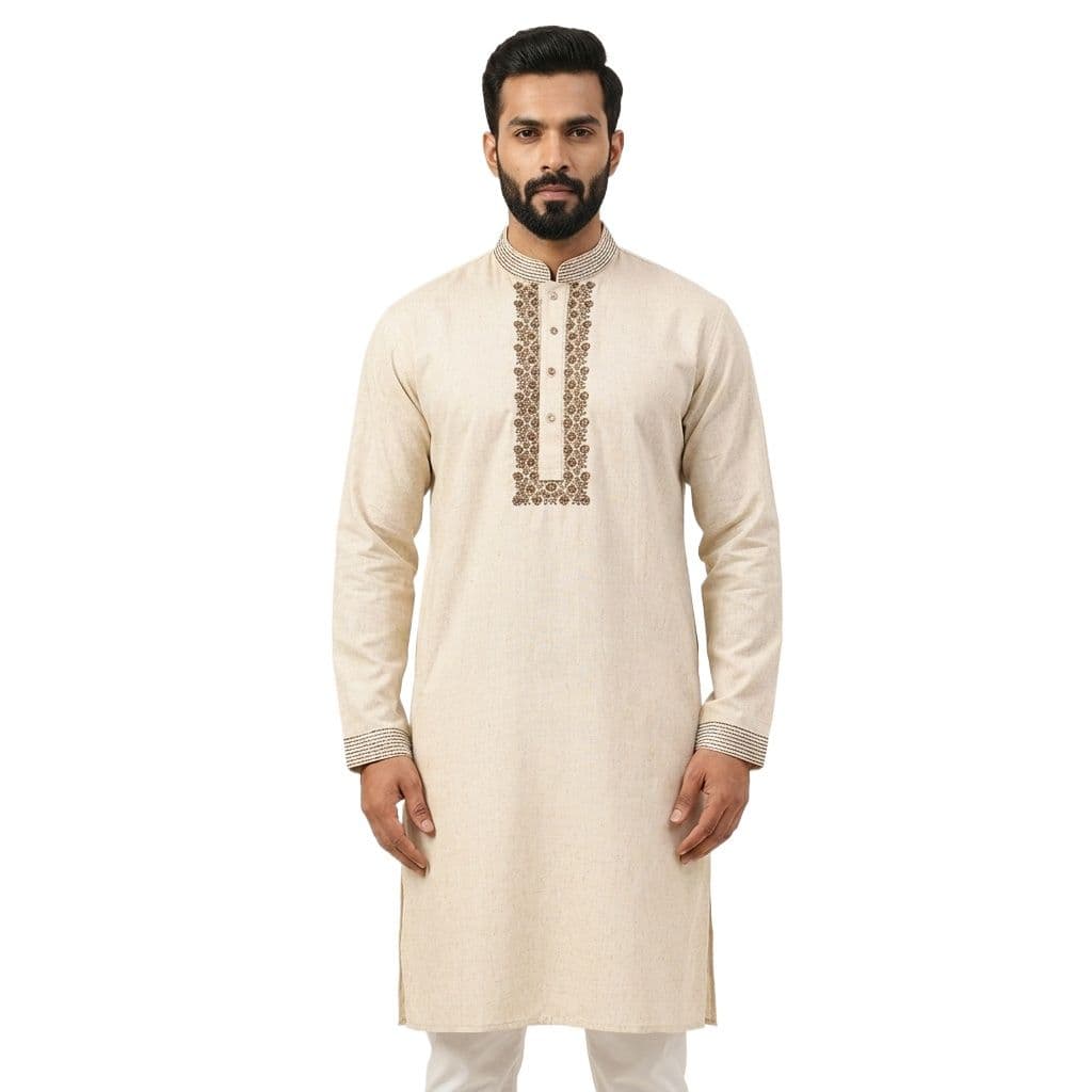 Cream Color Cotton Fabric Panjabi for Men | Premium Soft & Breathable Traditional Punjabi Kurta | Elegant Ethnic Wear for Eid, Wedding, Festival & Casual Occasions | Comfortable Regular Fit Classic Design | Stylish & Trendy Menâs Cotton Panjabi Collecti