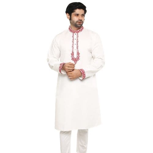 Premium Menâs White & Maroon Cotton Panjabi | Elegant Embroidered Front View Fitness Model Shoot | High-Quality Traditional Indian Ethnic Wear for Weddings, Festivals & Formal Events | Breathable Lightweight Cotton Panjabi for Men