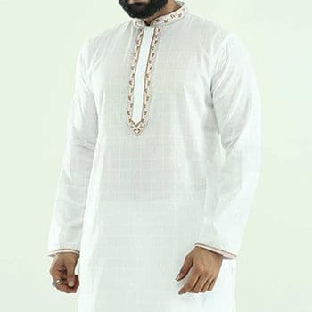 Premium white cotton panjabi with golden embroidery design for men | Indian chicken panjabi for men new collection 2024 | High quality soft cotton panjabi thumbnail