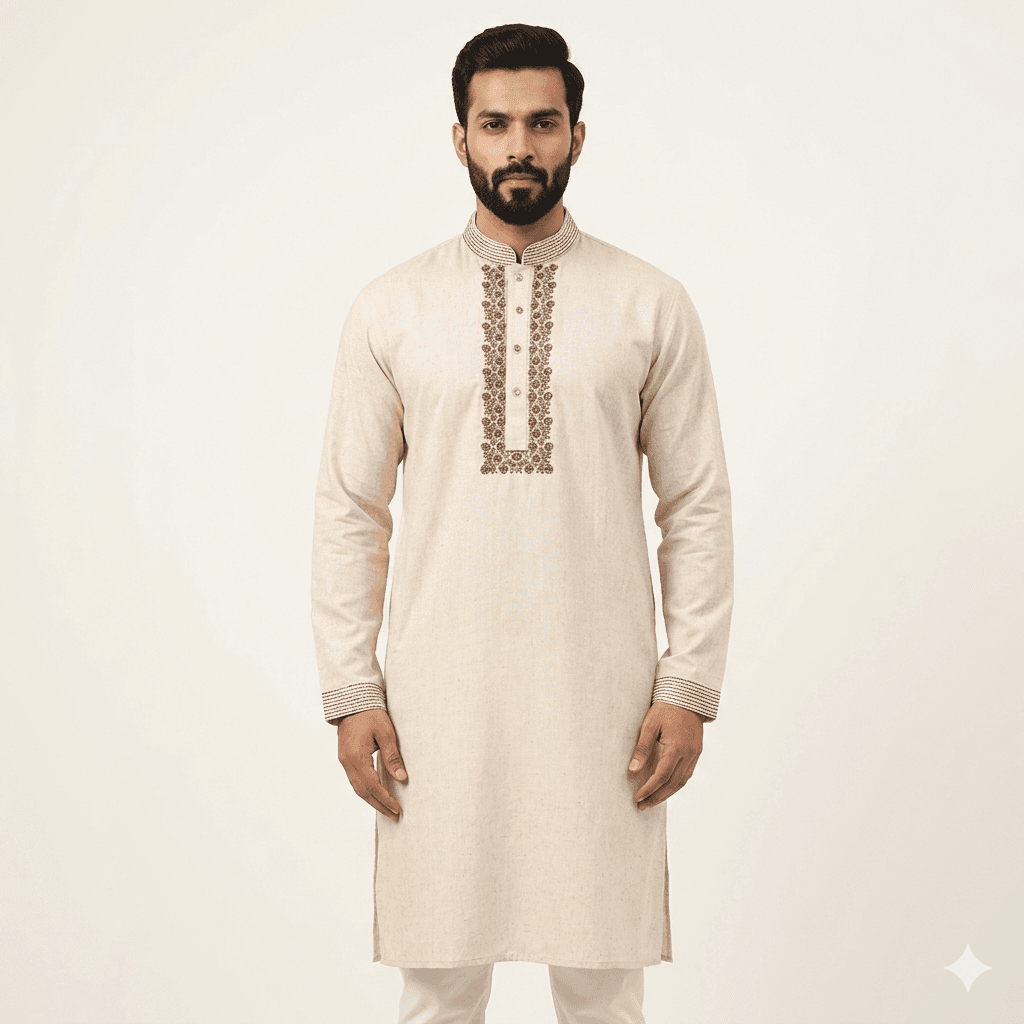 Cream Color Cotton Fabric Panjabi for Men | Premium Soft & Breathable Traditional Punjabi Kurta | Elegant Ethnic Wear for Eid, Wedding, Festival & Casual Occasions | Comfortable Regular Fit Classic Design | Stylish & Trendy Menâs Cotton Panjabi Collecti thumbnail