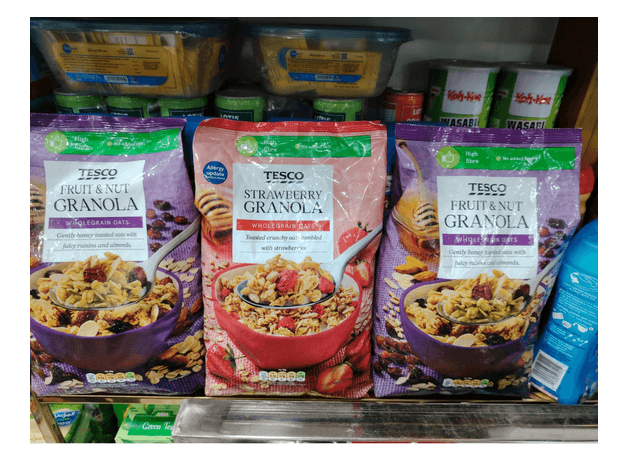 Tesco Fruit & Nut or Strawberry Granola Wholegrain Oats 1Kg Pack, Made in UK