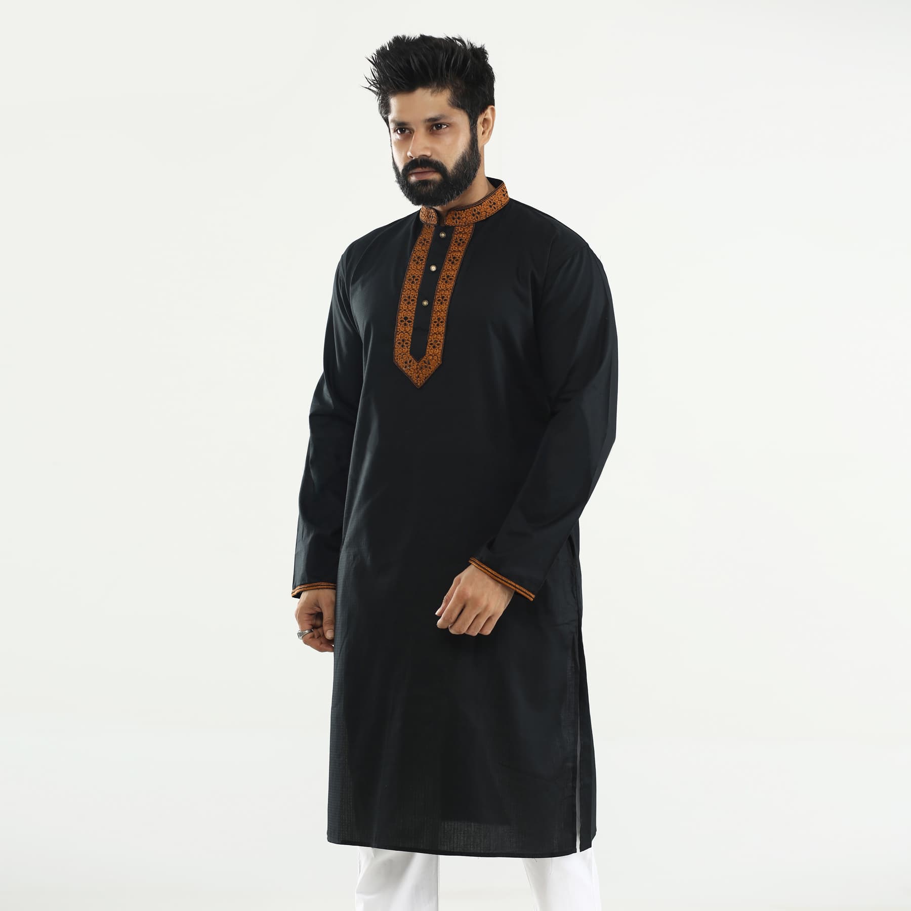 Full black panjabi for men new collection 2024 | Cotton panjabi for men black | Black embroidery style panjabi for men thumbnail
