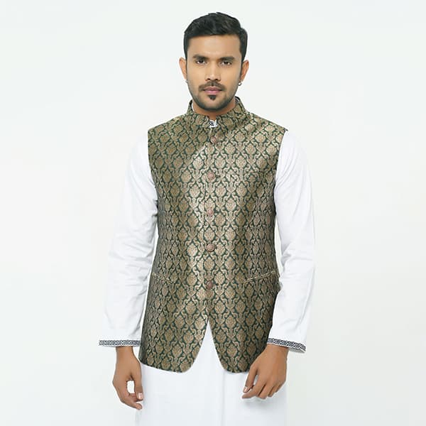 Green and golden waist coat and vest for men | Premium panjabi koti for men golden colour - Wedding dress and party dress for men thumbnail
