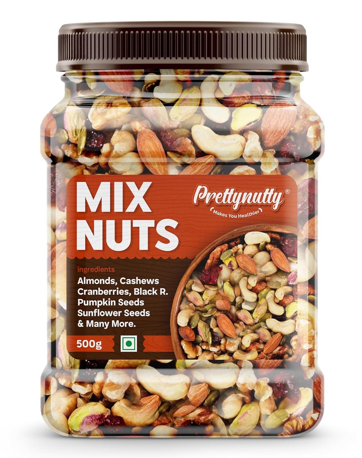 PrettyNutty Healthy Nutmix  Dried Almonds, Black Raisins, Cashewnuts, Cranberries,  & Many More 500g